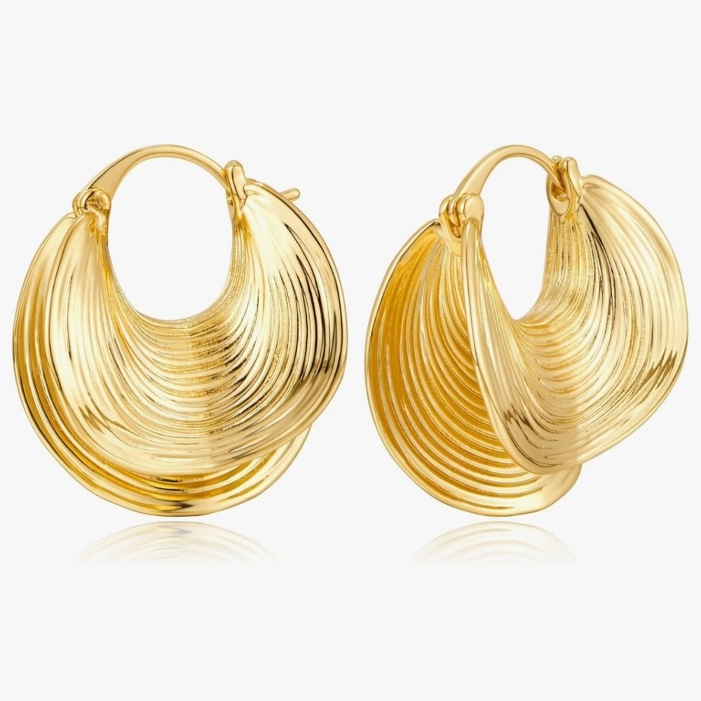 HLZ‎ Gold Ribbed Crescent Hoop Earrings Silver Post Textured Statement Jewelry